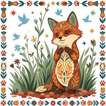 Decorative Folk Art Fox with Floral Pattern and Woodland Garden Illustration