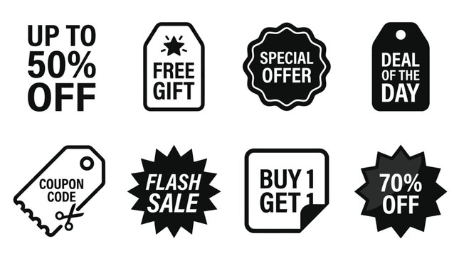 Collection of promotional sale tags and icons for discounts and offers, including up to 50% off, free gift, special offer, deal of the day, coupon code, flash sale, buy 1 get 1, and 70% off