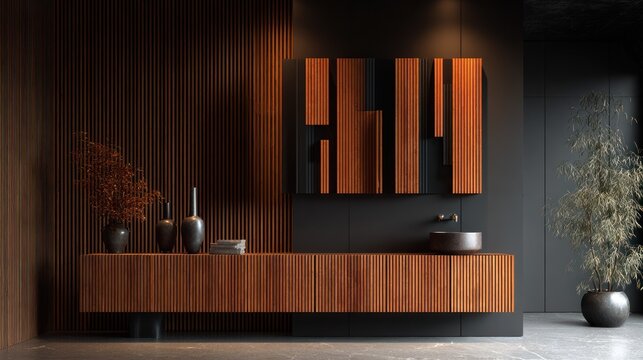 Modern interior design showcases dark wood paneling and floating vanity with contemporary fixtures