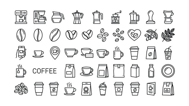 Black line icons of coffee related items on white background