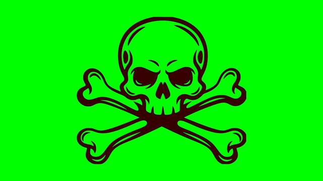 animated black outline skull with crossbones flashing red light warning on a green screen chroma key background for video editing production