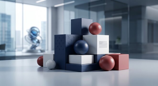 Sleek Red White and Blue 3D Shapes in Modern Corporate Office, Abstract 4th of July Concept
현대적인 기업 사무실 내 세련된 레드, 화이트, 블루 3D 도형, 추상적인 7월 4일 콘셉트
