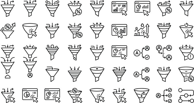 Sales funnel and data filtering line icon set featuring conversion rate metrics customer journey mapping analytics dashboards and business optimization vectors