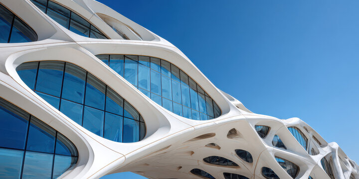 Futuristic organic architectural facade with flowing curves against blue sky.