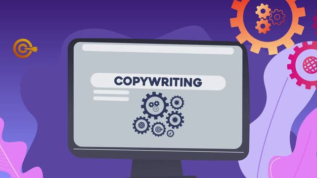 A computer screen displaying the text &ldquo;Copywriting&rdquo; and illustrations of gears