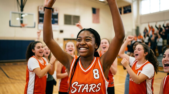 Happy teenage girl basketball player celebrating victory with her team on the court