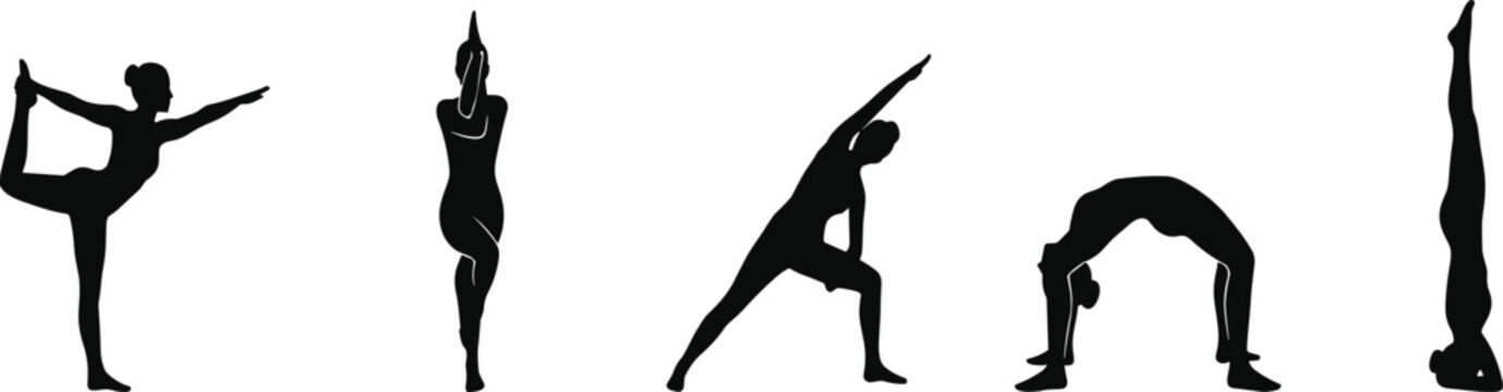 Advanced Yoga Poses Silhouette Set with Woman Performing Headstand Wheel Eagle and King Dancer Asanas for Fitness and Wellness Designs