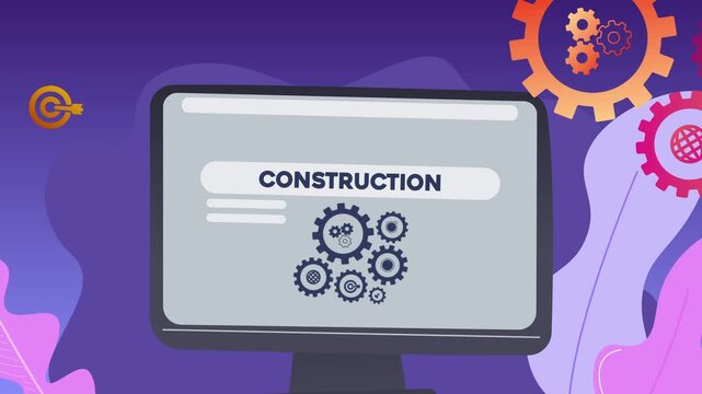 A computer screen displaying the text &ldquo;Construction&rdquo; and illustrations of gears