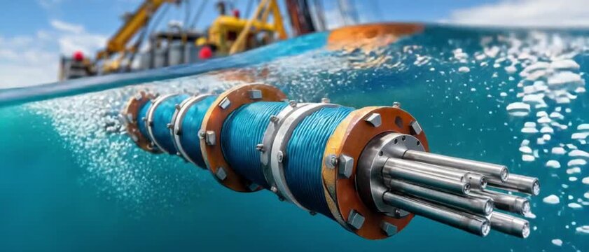 Subsea Cable Installation: A close-up, underwater view of a heavy-duty subsea cable being deployed from an industrial vessel, showcasing complex engineering and the challenges of ocean installation.