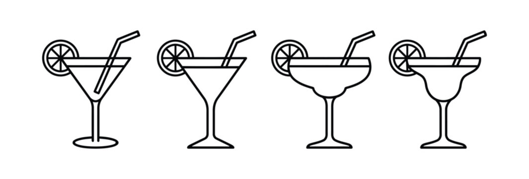 Cocktail glass icon set representing drinks and presentation in outline variations with citrus garnish