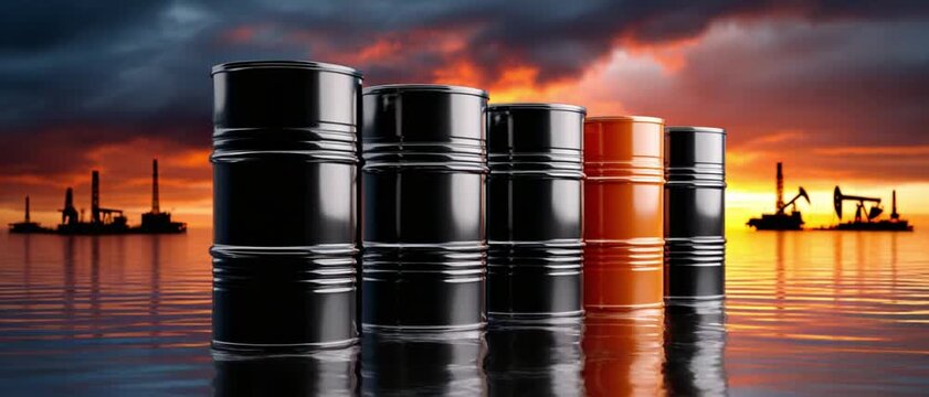 Row of Oil Barrels at Sunset: A row of black and orange oil barrels stands on the water at sunset, with oil rigs in the background.