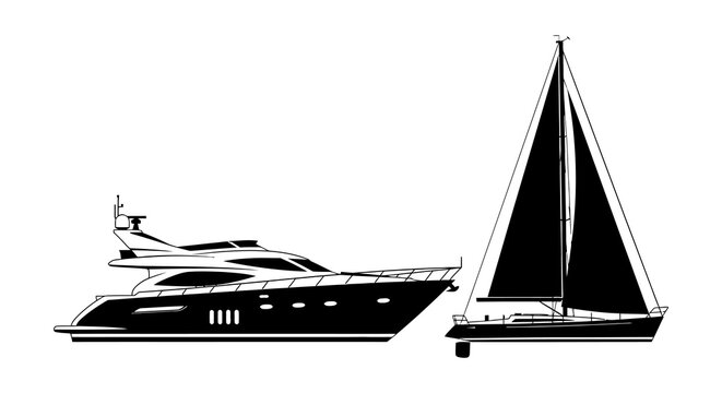 Yacht and sailboat silhouette against a white background