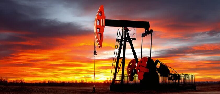 Oil Pumpjack Silhouette at Sunset: A solitary oil pumpjack stands silhouetted against a dramatic fiery sunset, a symbol of industrial power and energy extraction on the horizon.