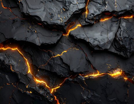 Premium black obsidian stone with gold veins background