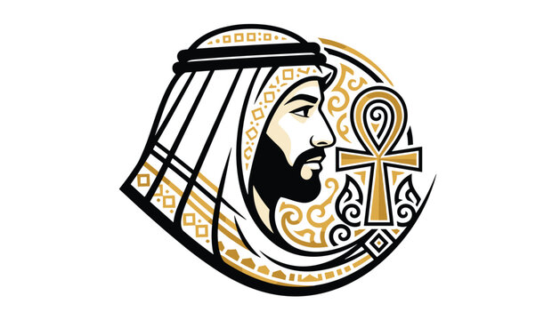 Stylized profile of a bearded middle eastern man in traditional headwear beside an ancient egyptian ankh symbol in gold and black.