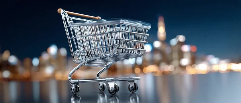 Shopping Cart on City Skyline: A solitary shopping cart stands prominently in the foreground, with a blurred cityscape and illuminated skyline stretching across the background.