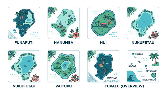 Tuvalu Islands Map Collection: Funafuti, Nanumea, Nui, Nukufetau, Vaitupu