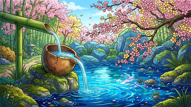 Serene Japanese garden pond with cherry blossoms and bamboo water feature