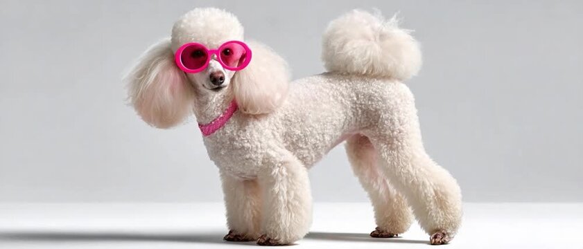 Poodle in Pink Sunglasses: A stylish white poodle wearing oversized pink sunglasses poses confidently, showcasing its fluffy coat and playful personality. A fun.