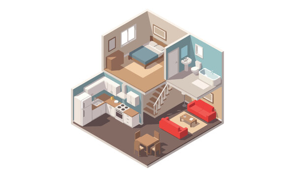 Isometric two-story house interior floor plan cross-section