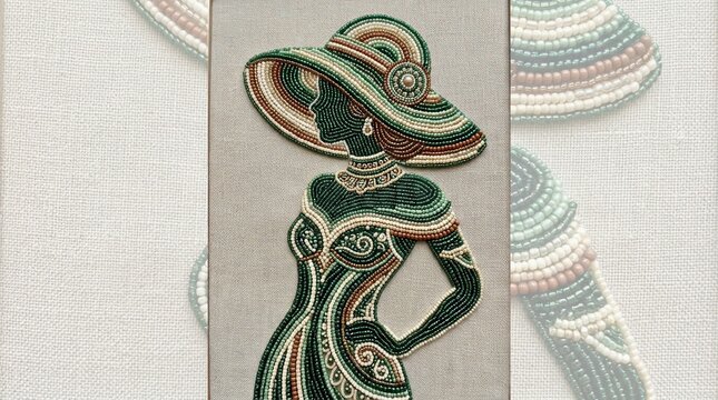 Beaded fashion illustration of elegant woman wearing hat