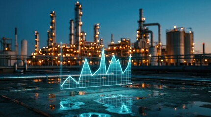 Fototapeta premium Digital line graph over industrial oil refinery at night for energy market data analysis and economic performance monitoring