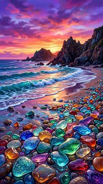 Vibrant Beach Sunset with Colorful Sea Glass on Rocky Shore