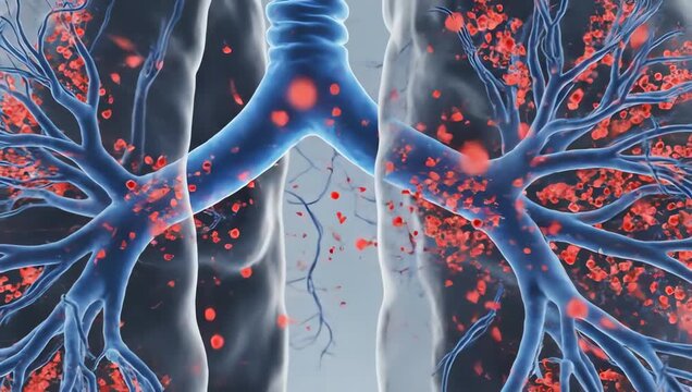 Oxygen exchange increasing rapidly inside transparent lung alveoli during panic response, glowing oxygen particles moving faster through soft biological membranes