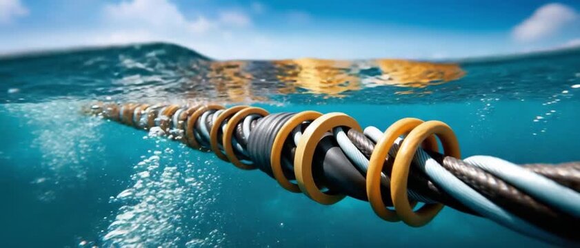 Underwater Power Cable Connection: A powerful armored underwater power cable with yellow rings runs through the ocean, conveying energy beneath the waves.