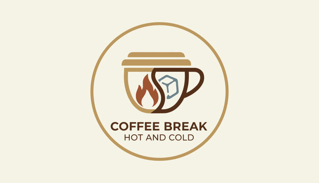 Beautiful circular logo for a coffee break shop features a cup divided into hot flame and cold ice cube sections.
