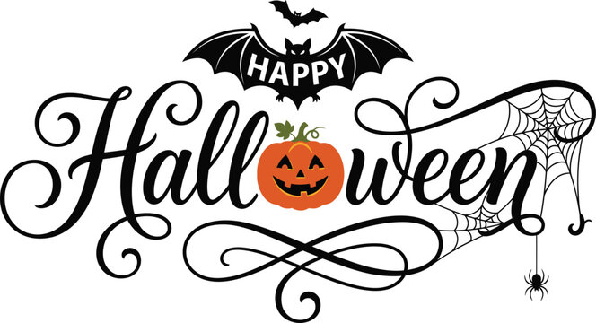 Halloween greeting with bat pumpkin and spider web