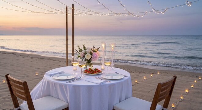 Romantic dinner setup for two on a sandy beach at sunset