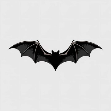 Detailed black bat illustration featuring wide outstretched wings isolated against a soft neutral gray background for classic halloween graphic design