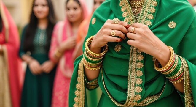 South Asian Woman Wearing Traditional Green Dress and Gold Jewelry at Wedding Celebration, Elegant Ethnic Attire for Festive Cultural Events and Ceremonies