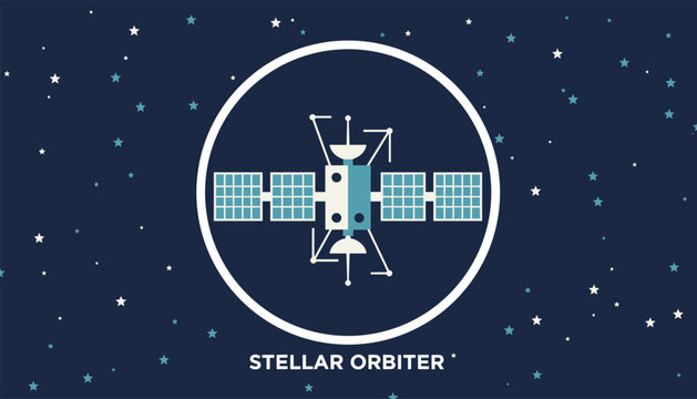 High tech satellite labeled stellar orbiter orbits in outer space surrounded by twinkling stars and dark blue background.