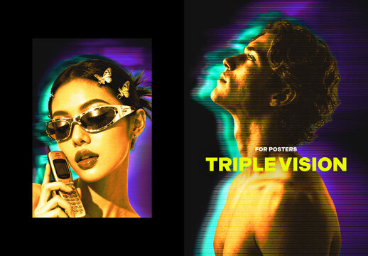 Vertical Triple Vision Photo Effect For Poster And Print Design