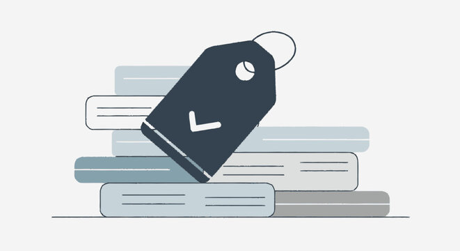 Minimalist graphic illustration of a tilted dark blue book with a whit