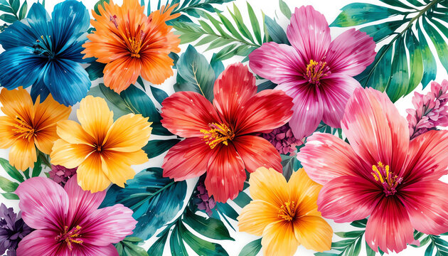 Colorful tropical flowers with soft watercolor texture on a bright white background.