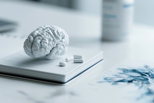 Brain model with medication and notebook, representing mental health treatment, neuroscience research, cognitive care and psychiatric healthcare concepts