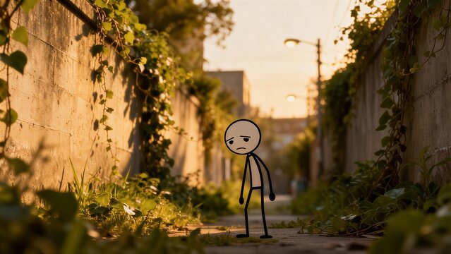 A stick figure stands in an overgrown alley, embodying apathy and listlessness.