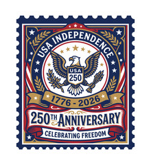 Obraz premium Usa independence 250th anniversary stamp design, 17762026 commemorative emblem with eagle and patriotic elements editable vector file isolated on transparent background