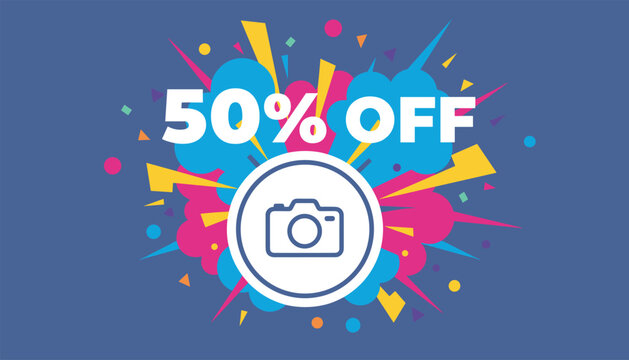 Promo banner for camera and photography gear sale offering fifty percent off on a colorful abstract background.