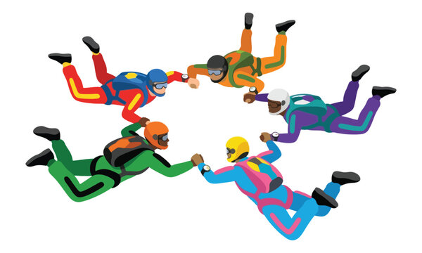 Isometric skydivers holding hands in skydiving circle formation