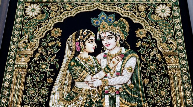 Hindu deity couple in traditional attire holding hands