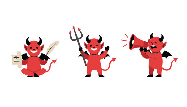 Three cartoon characters of a little red devil holding a quill pen, a pitchfork, and a megaphone on white background.