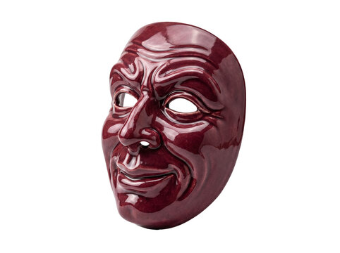 A single, glossy dark red ceramic theatrical comedy mask with a grinning expression.