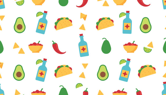 Colorful Mexican food seamless pattern featuring hand drawn tacos, tequila bottles, avocados, and spicy chili peppers on white background.