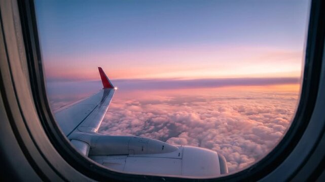 Airplane window view of sunset over clouds during flight.