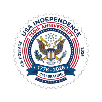 Usa independence 250th anniversary commemorative stamp design, 17762026 celebration emblem with eagle and stars isolated on transparent background editable vector file