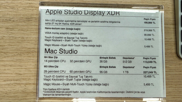 Retail price tag for Apple Studio Display XDR and Mac Studio in a bright store for product catalog ecommerce listing retail signage tech editorial, 5 May 2026 Antalya, Turkey